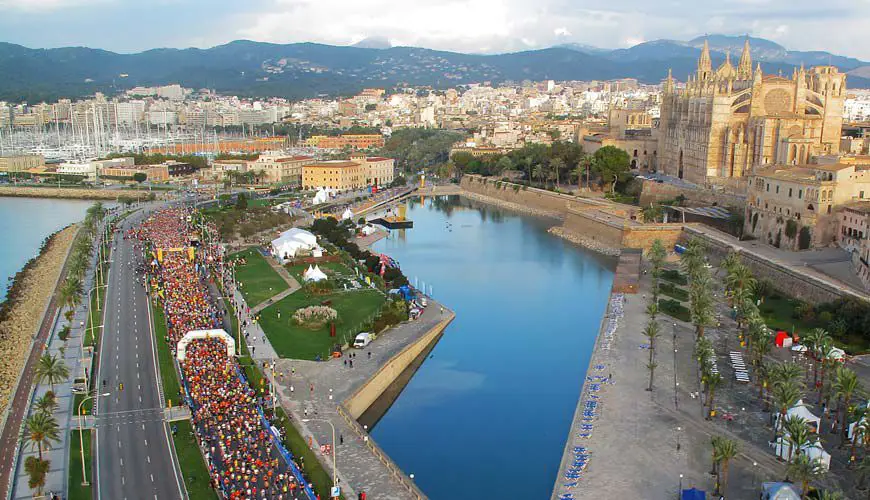 Thousands of runners standing ready at the start line for Palma de Mallorca Marathon
